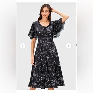 NWOT Rose print crepe pleat waist dress